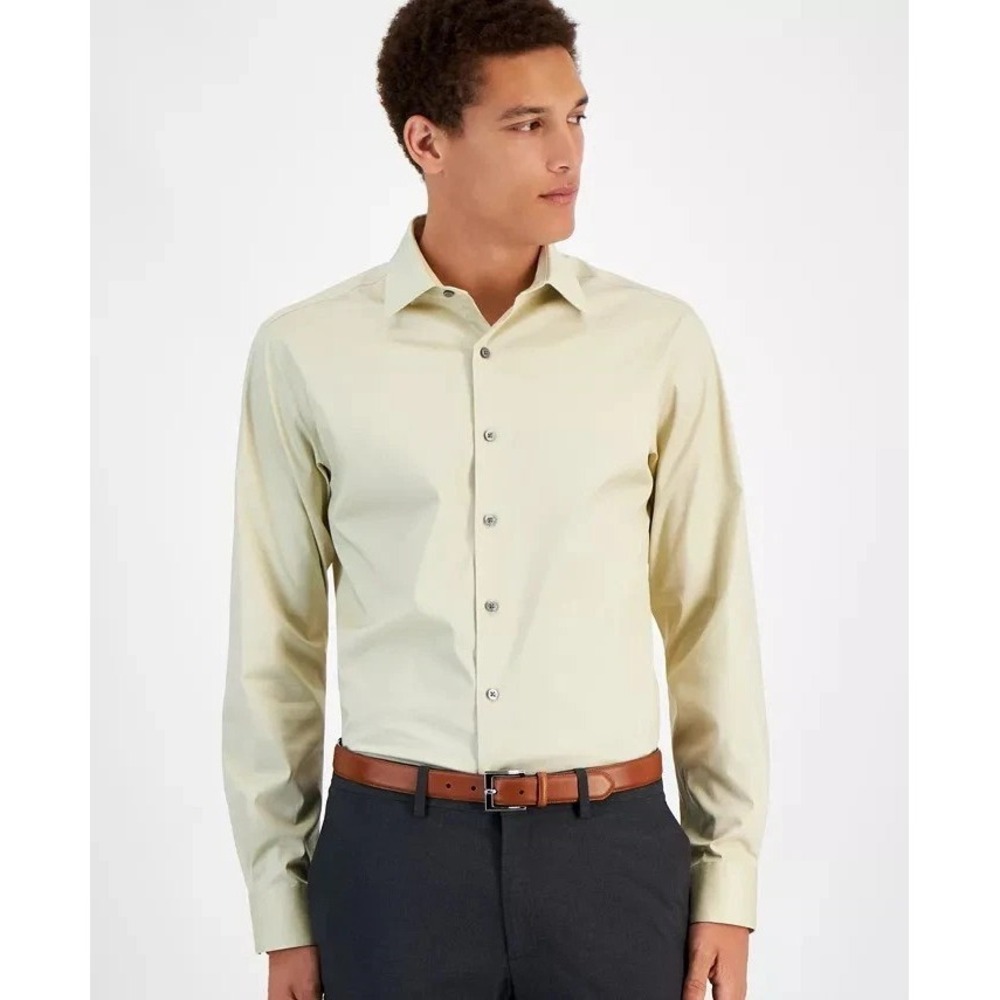 Alfani Dress Shirt Mens 17-17.5 34/35 Brown Rice Slim-Fit Temperature Regulate‎